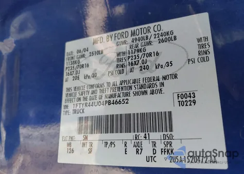 2004 Ford Ranger Edge/Tremor/Xlt from USA, damaged, VIN 1FTYR44U04PB46652